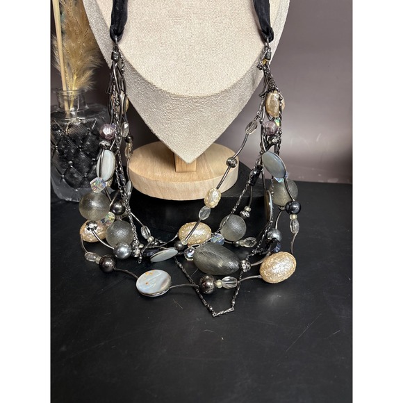 Chico's Layered Black Ribbon Statement Necklace | Gunmetal Beads + Faux Pearl - Picture 3 of 6